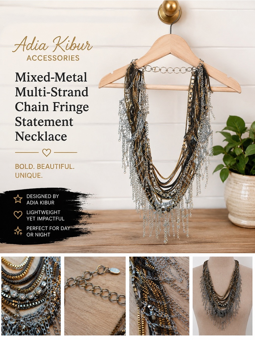✨ Adia Kibur Mixed Metal Multi-Strand Chain Fringe Statement Necklace